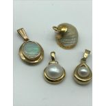 Three 9ct gold pendants which includes Large opal stone and two single pearls. Together with Shell