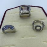 Two silver 925 ladies rings together with 9ct White gold and purple stones ring (one stone missing)