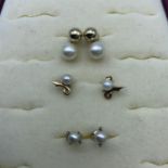 Three pairs of ladies 9ct gold and pearl earrings.
