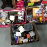 3 Boxes of various camera equipment which includes filters, lenses, bulbs and Canon printer with