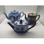 A Dudson blue and white teapot & a W & R Stoke on Trent 'Petunia' blue and gilt teapot, together