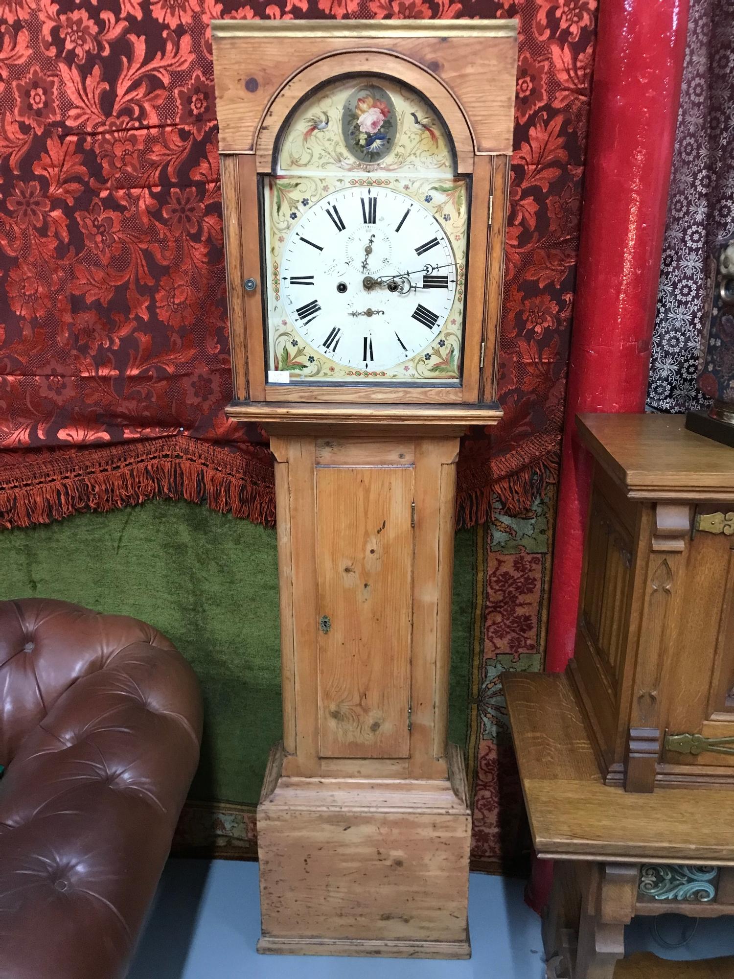 A Victorian pine cased grandfather clock, hand painted face, Maker D.Aitken. Comes with weights, - Image 2 of 5