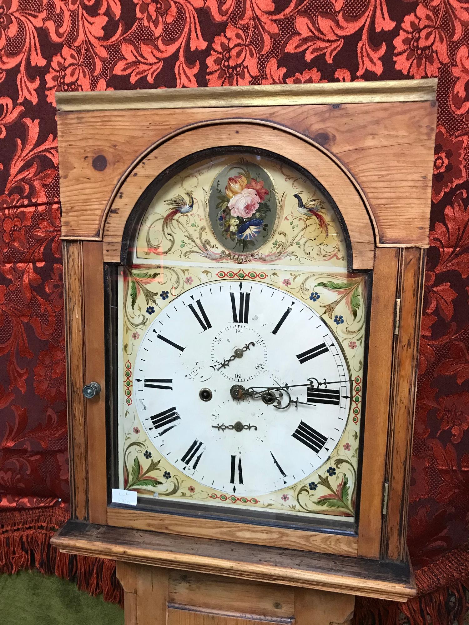 A Victorian pine cased grandfather clock, hand painted face, Maker D.Aitken. Comes with weights, - Image 3 of 5