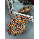 Vintage Arts and crafts multi colour parasol deck chair beach design fabric with carved handle.