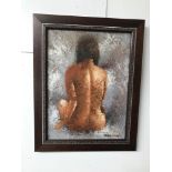 Contemporary oil painting on board of a nude lady sitting, signed Barton, fitted within a dark