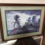 A Large print depicting palm trees and the tops of huts. Fitted within a mahogany frame. Frame