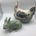 Fairmont & Main porcelain chicken egg storage pot together with oriental style rabbit figurine