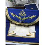 A Masonic apron Lodge 1222, Medal, coins, certificates and original case.