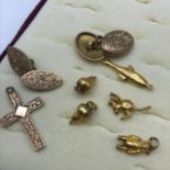 A Lot of various 9ct gold stamped charms and cuff links, together with gilt metal cross & Gilt metal