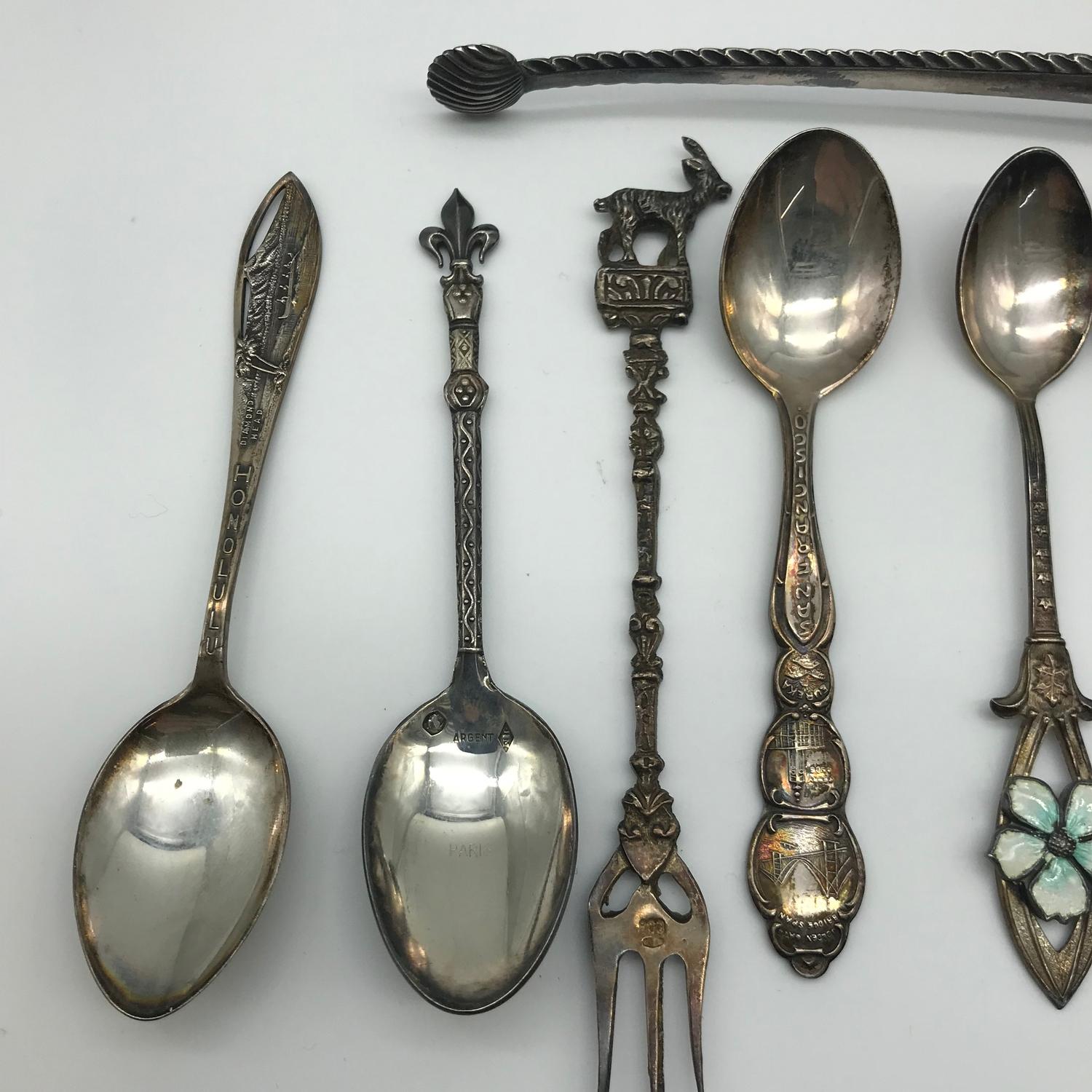 A Selection of various 800 grade and sterling silver souvenir spoons, Together with ornate sugar - Image 2 of 4