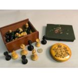 A Lot of Antique chess pieces, Mauchline ware needle box and Victorian Lacquered floral painted box.