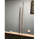 A lot of 2 antique African tribal spears to include fishing spear head. Longest measures 218cm