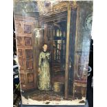 An antique oil on canvas painting of a lady reading in the doorway, Highly detailed, Needs restored.