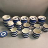 A Quantity of T.G.Green blue and white kitchen wares. Includes sugar shaker, Flour shaker & 4