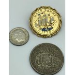 1947 Australian Florin coin, 1960 USA One Dime coin & 1938 half penny gold coloured brooch with