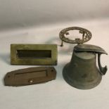 An Art Deco post box letter flap & one other, Art Deco Bell and Victorian brass kettle stand