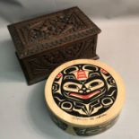 Hardwood hand carved document box together with Maori design lidded box.