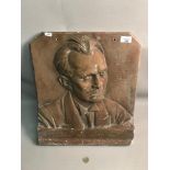 Antique bronze effect plaster memorial wall plaque, signed by the artist