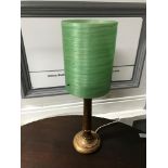 Vintage elm wood table lamp with a green fibreglass retro shade. Shade measures 20x15x15cm. Working