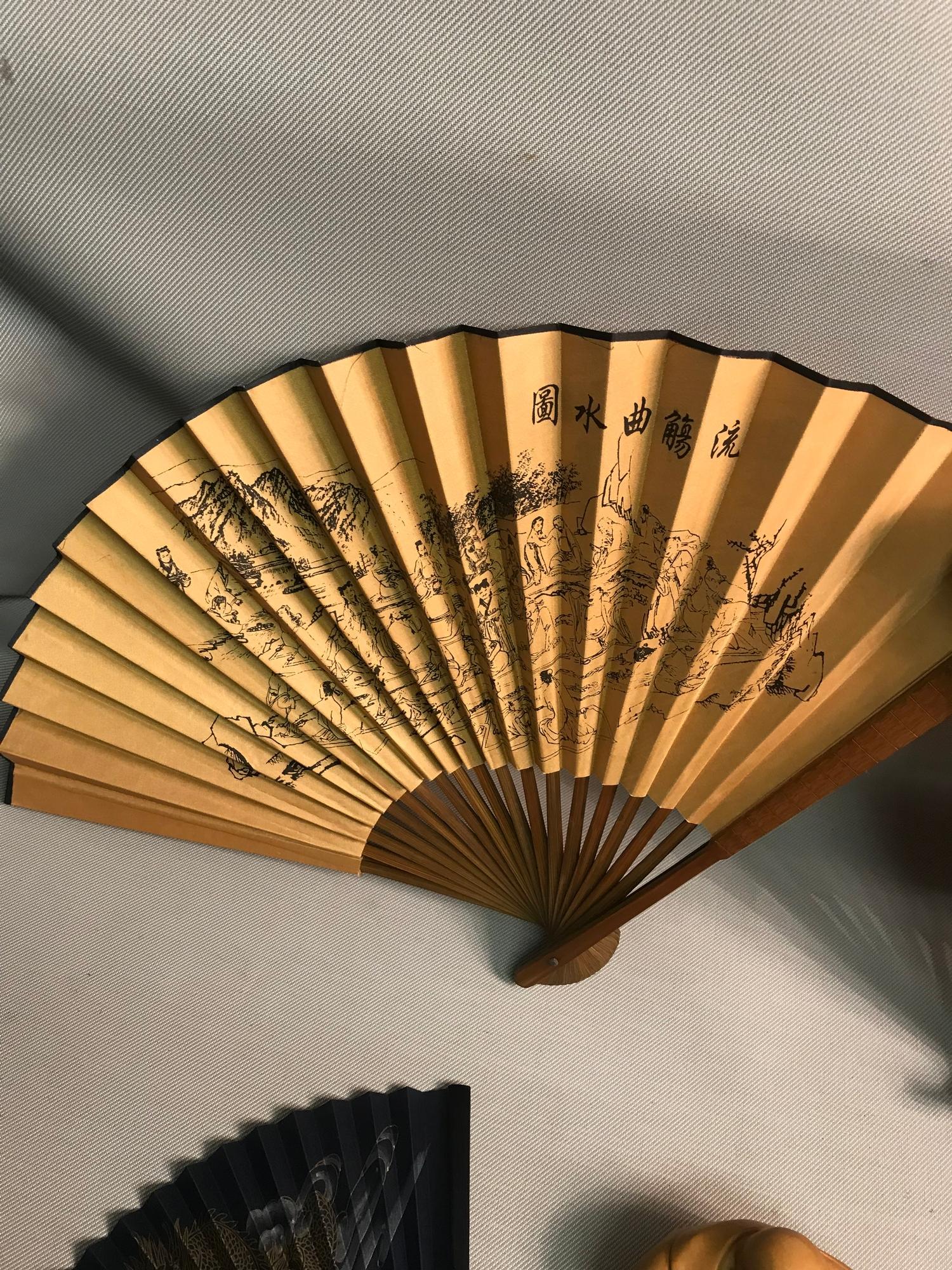 A Lot of 4 Chinese hand painted fans together with wooden carved laughing buddha - Image 2 of 6