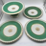 A Lot of 4 matching Serving plates and tazza dish, designed with gilt finishes and green backing