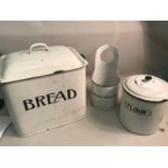 A Lot of 3 old enamel storage items. Bread, Flour and Brush holder.