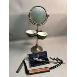 A Vintage gents shaving mirror stand, together with 3 Cut throat razors & 3 nail clippers.