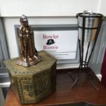 Art Deco enamelled Knight companion set, Brass coal box & Wrought iron planter holder with ice