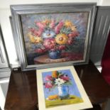 Original oil painting still life flowers on canvas fitted within a silver frame,Together with oil