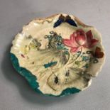 A Unique Japanese antique lily pad shaped plate, designed with hand painted floral and insect