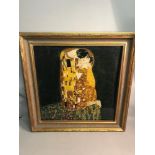 A Large cloisonne picture of THE KISS after Gustav Klimt. Fitted within a heavy gilt moulded