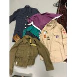 WW2 Battledress jacket, 1952 Military Service dress jacket, various scouts items and brush set.