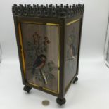 A 19th century copper lantern with 3 hand painted on glass bird designs (1 missing) Measures