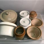 A Crate of vintage stone ware crockery pots.