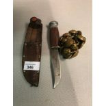 Small leather sheaved hobbies knife (marked woodcraft) with wooden handle along with a quantity of