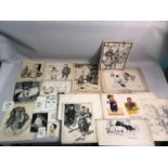 A Lot of original Cartoon style pen etchings/ drawings by Hector Fullerton possibly WW1 OR WW2 ERA.