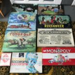 A Collection of vintage board games which includes Totopoly , Monopoly, Railroader and stockbroker