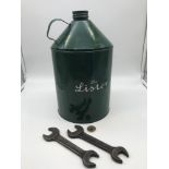 A Vintage "The Lister" advertising oil can (reconditioned) together with two Lister spanners.