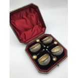 A Boxed Birmingham silver 4 piece condiment pot set with 4 matching spoons, Makers Vale Brothers &