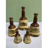 A Lot of 5 Bells decanters full & sealed, Various sizes. Tallest measures 25cm in height