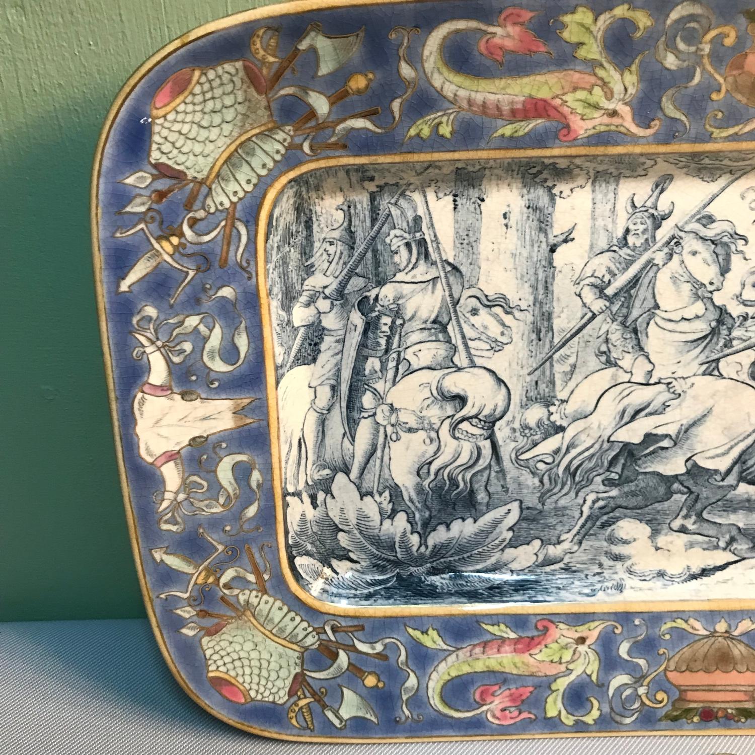 A Zsolnay-Pecs Hungarian pottery lustre plaque platter The large rectangular plaque with medieval - Image 2 of 12
