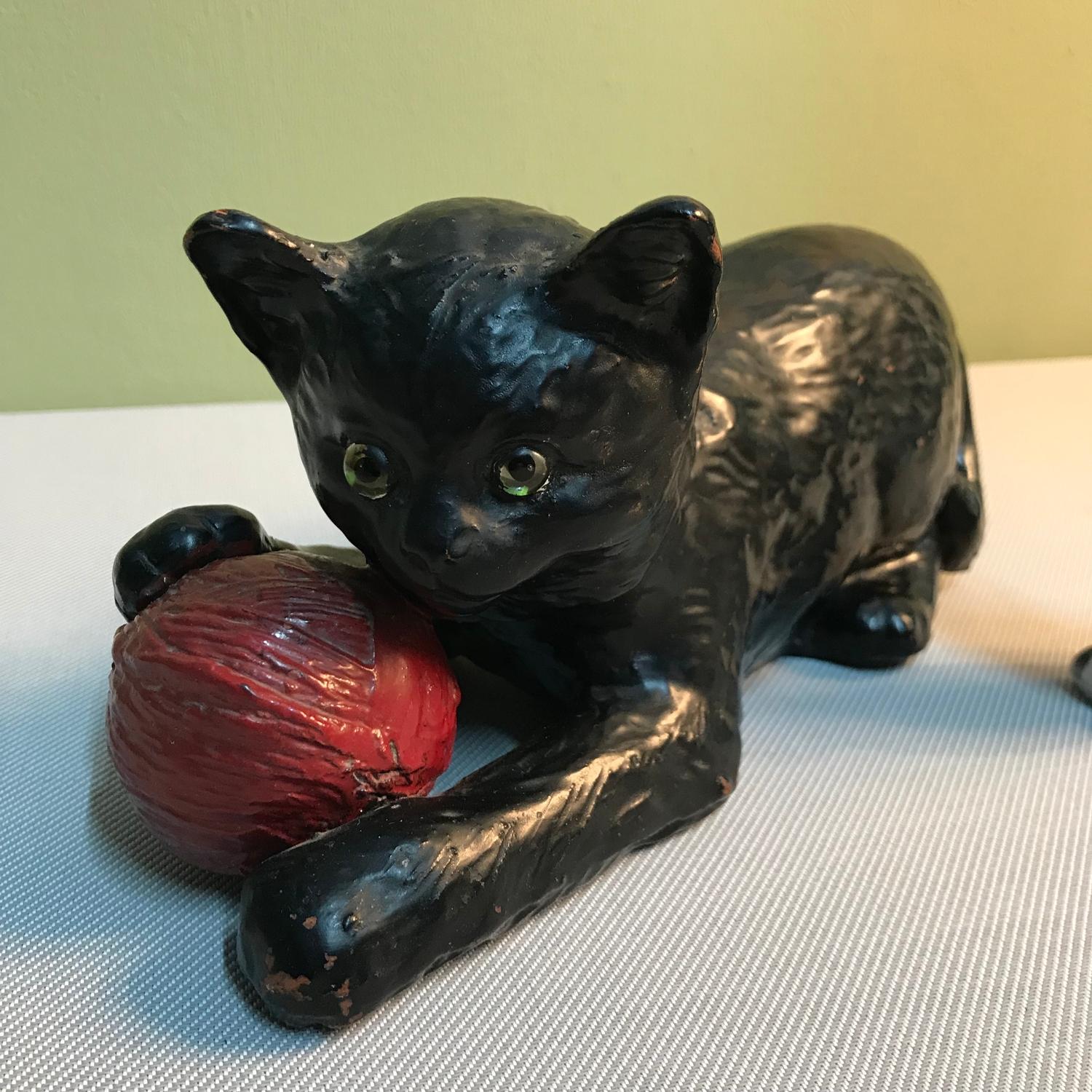 A Vintage Bretby cat and ball figurine together with an antique Staffordshire left wally dog. Cat - Image 2 of 3