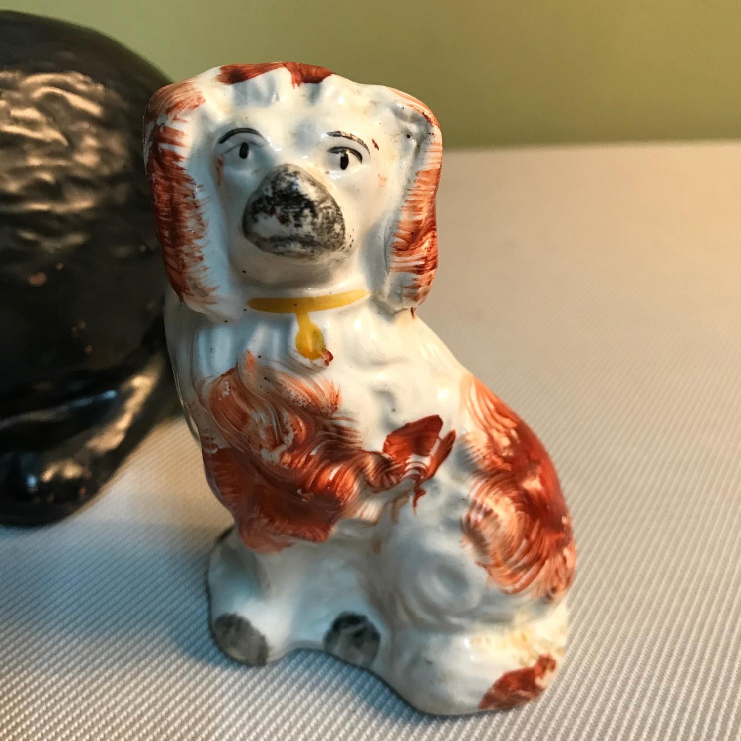 A Vintage Bretby cat and ball figurine together with an antique Staffordshire left wally dog. Cat - Image 3 of 3