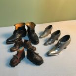 A small collection of pin cushion shoes, two pairs of Porcelain shoes and Italian made leather