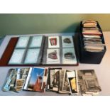 A folder of Tramcyclopedia picture cards together with a tray of mixed genre postcards