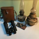 Denhill 17x52 binoculars with case, antique Morse code instrument and two paraffin lamps