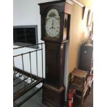 A Victorian long cased grandfather clock with hand painted face, Comes with weights and pendulum