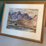 Original watercolour by Nancy Alison titled 'Blaven, Skye' Measures 40x48cm including frame.