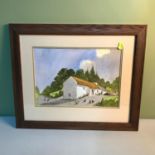 Original watercolour on paper of cottage scene, Painted by Leslie Rodgers, Measures 43x51cm