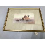 Original watercolour by D.A.Pinder, depicting Egyptian pyramid and two camels and riders. Frame